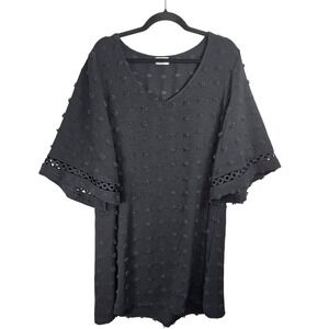 Andeap Black Textured Dot‎ Bell Sleeve V Neck Mini Dress Size L